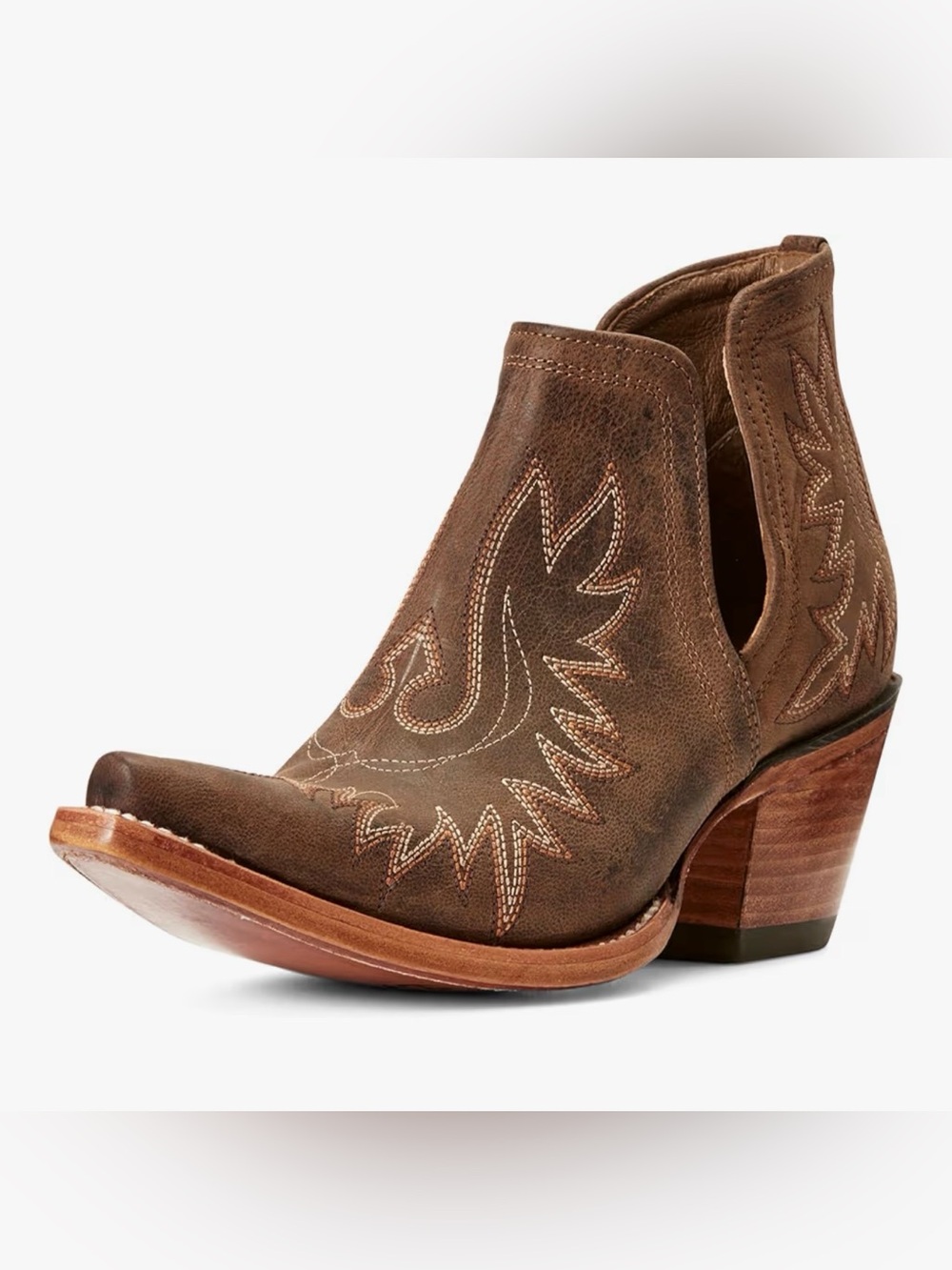 Women's Brown Western Cutout Ankle Bootie with Embroidered Detail